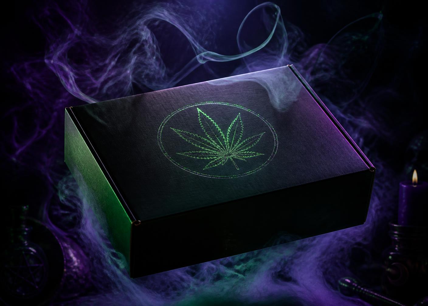 Unmarked black mystery box glowing green in violet smoke